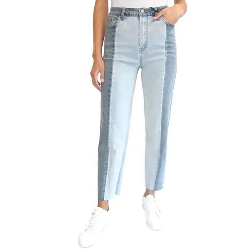Almost Famous 2 Tone High-Rise Dad Jeans Color Block Ankle Length Raw Hem Sz 7